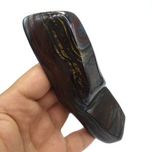 以下が含まれることがあります： 金色と赤色の縞模様が入った、大きく滑らかな濃い茶色と黒の石。石には独特の波状模様がある。