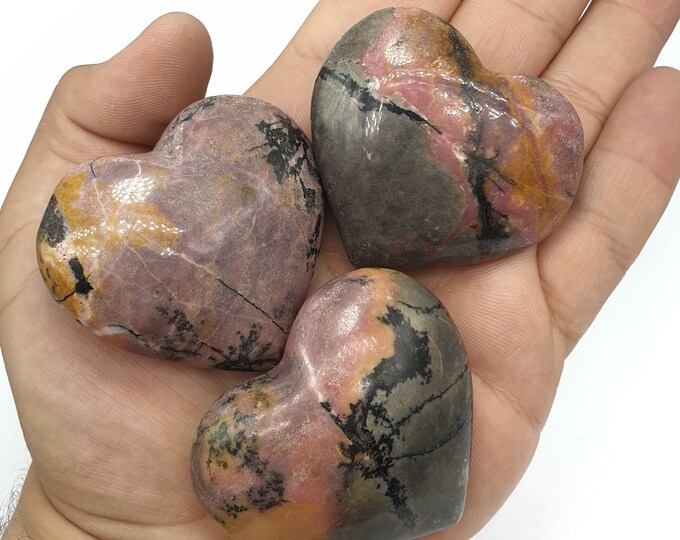 3 Pcs Beautiful Pink Rhodonite Hearts, Rhodonite Hearts, Rhodonite Hearts Stone, Pink Rhodonite Hearts, Rhodonite Stone, Pink Rhodonite,