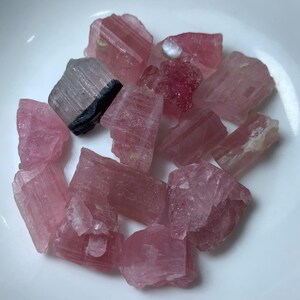 May include: A collection of pink and black tourmaline crystals. The crystals are rough and have a natural, unpolished look. They are a variety of pink, with some having a darker, more reddish hue. Some of the crystals have a black tourmaline inclusion.