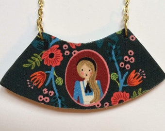 Rifle Paper Co Whimsical Statement Necklace Alice in Wonderland Floral Bib Fabric Wood Pendant