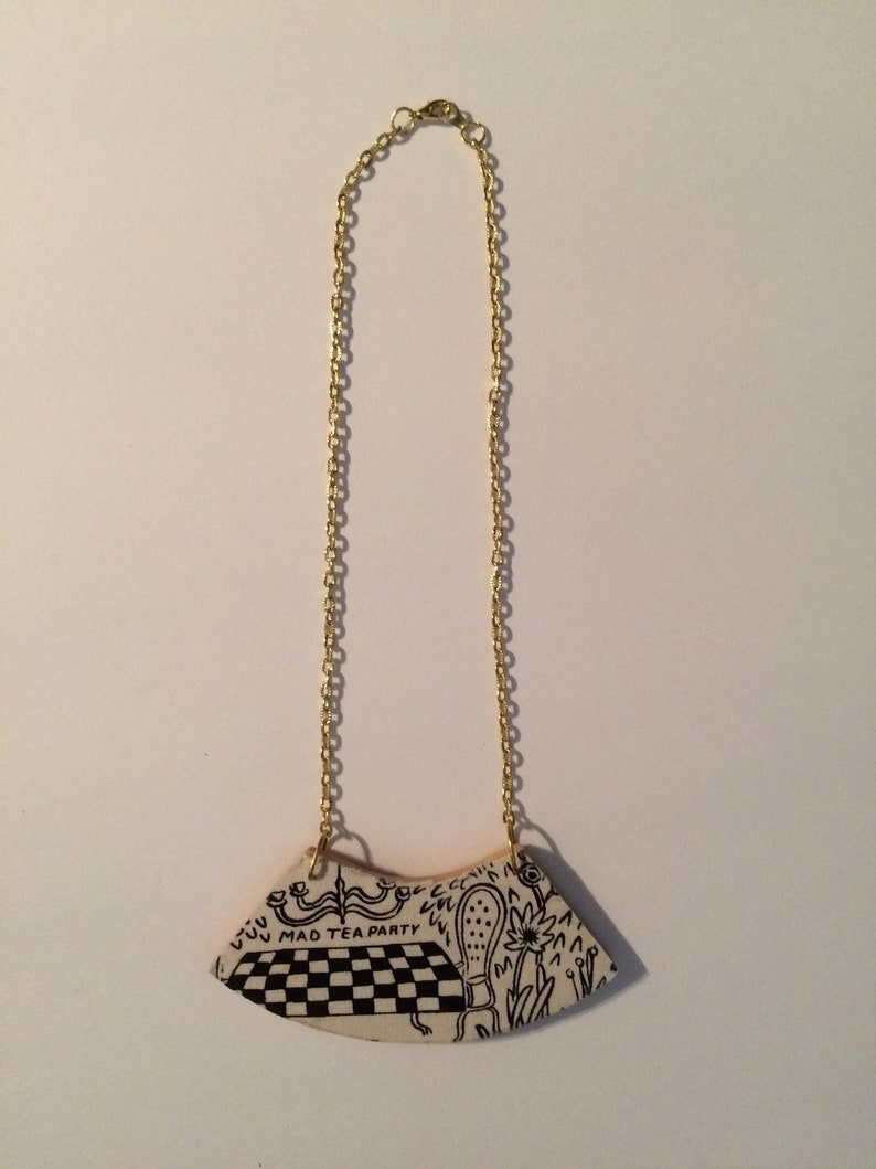Rifle Paper Co Whimsical Statement Necklace Alice in Wonderland Floral Bib Fabric Wood Pendant