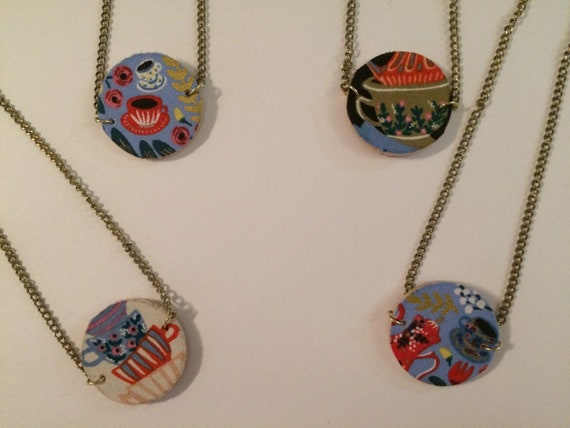 Rifle Paper Co Whimsical Statement Necklace Alice in Wonderland Floral Bib Fabric Wood Pendant