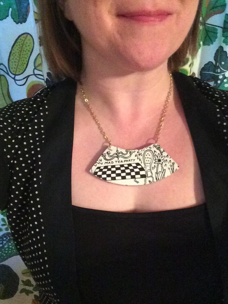 Rifle Paper Co Whimsical Statement Necklace Alice in Wonderland Floral Bib Fabric Wood Pendant