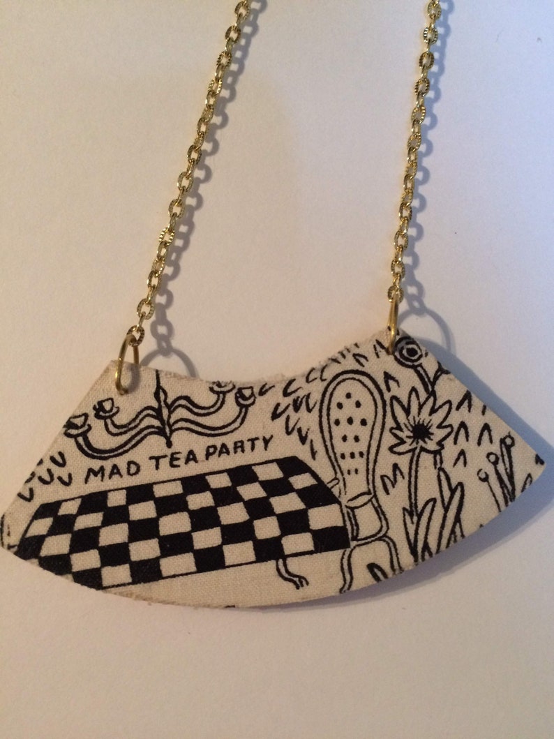 Rifle Paper Co Whimsical Statement Necklace Alice in Wonderland Floral Bib Fabric Wood Pendant