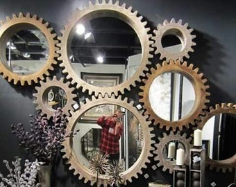 Miroir en bois de noix d'un design fascinant, miroir mural, Miroir engrenage artisanal de style scandinave, miroir avec engrenages en bois fait main