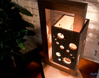 Handmade Wood Table Lamp, Unique Moonlight Design