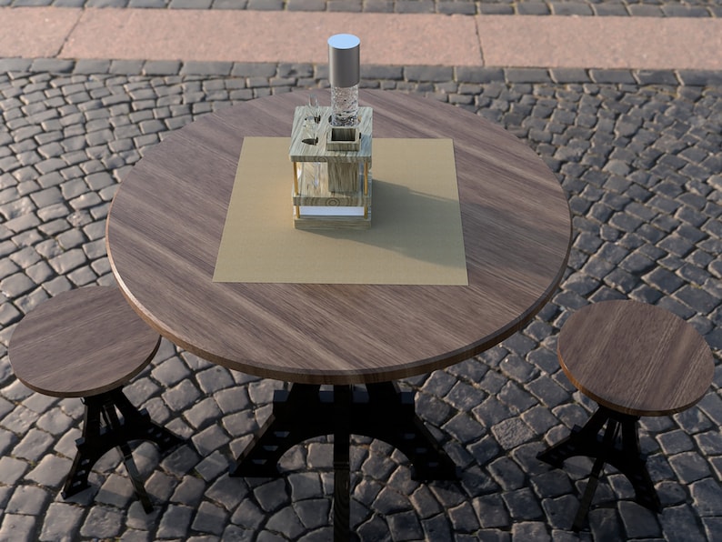 May include: A wooden table with a brown top and black metal legs. There are two matching wooden stools with black metal legs. A wooden stand with a clear glass bottle is on the table.