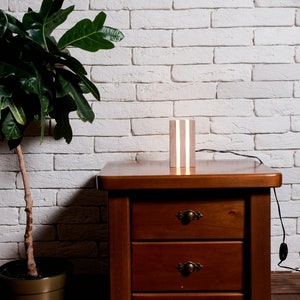 May include: A wooden lamp with a white light source sits on a wooden nightstand with three drawers. The nightstand is in front of a white brick wall. A green plant is in a brown pot to the left of the nightstand.