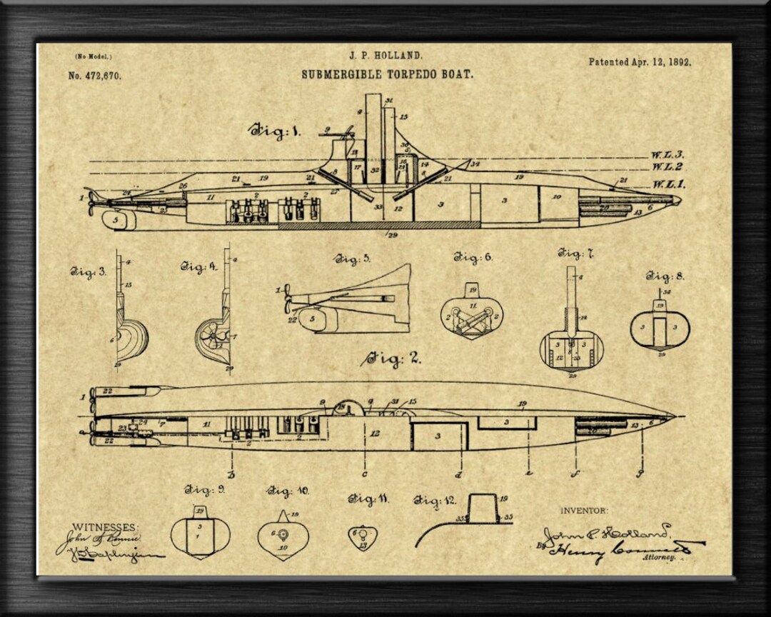 Submergible Torpedo Boat 1892 Vintage Patent Print. Marine Art Print ...