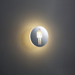 4 Watt Round Illuminated LED Toilet Sign - Male Icon Engraved Round Brushed Aluminium - WC Illuminated Sign - Lavatory LED Sign