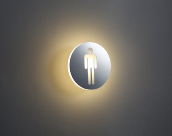 4 Watt Round Illuminated LED Toilet Sign - Male Icon Engraved Round Brushed Aluminium - WC Illuminated Sign - Lavatory LED Sign