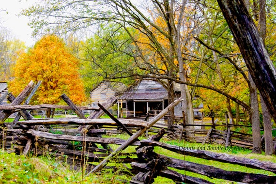 Rustic Cabin With Fall Color Split Rail Fence Landscape New Etsy