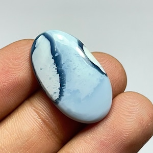 May include: A light blue and white oval cabochon with dark blue veins. The cabochon is a natural stone with a smooth, polished surface.