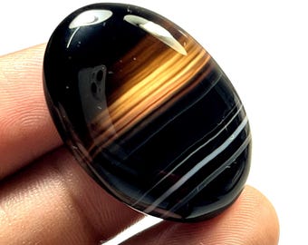 Gema oval cabochão de ágata listrada preta natural para joias