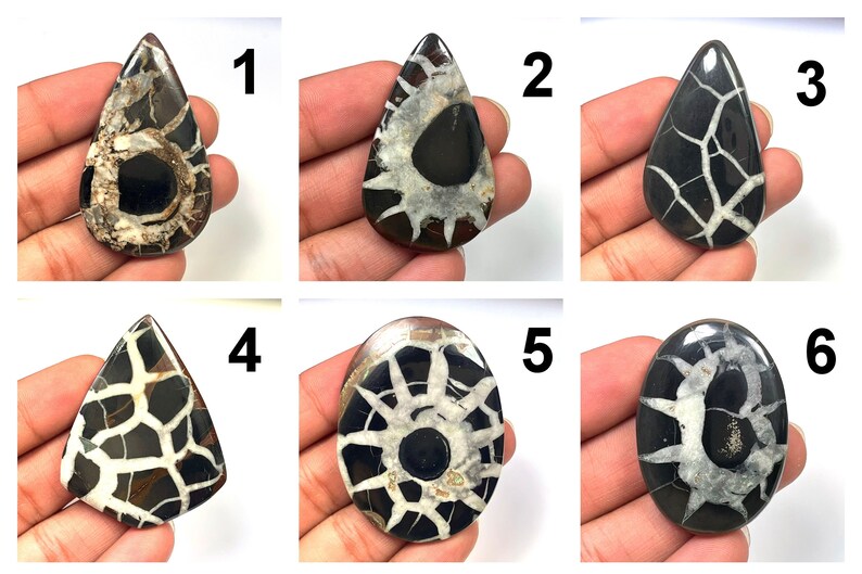 Op de afbeelding: Zes verschillende zwart-witte agaat cabochons met verschillende patronen. De cabochons zijn in de vorm van een traan en een ovaal. De cabochons zijn genummerd van 1 tot 6.
