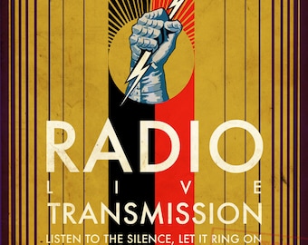 May include: A vintage-style poster with a black and red background featuring a stylised lightning bolt and a fist holding the bolt. The text "RADIO LIVE TRANSMISSION" is in white letters with a black outline. The text "LISTEN TO THE SILENCE, LET IT RING ON" is in smaller white letters with a black outline. The text "IAN CURTIS 1956-1980" is in white letters with a black outline.