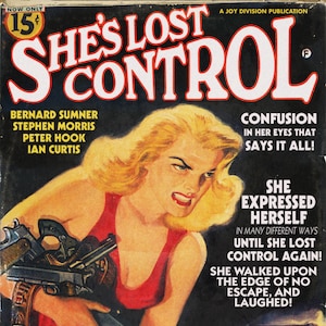 May include: A vintage pulp fiction magazine cover featuring a woman holding a gun with the title "She's Lost Control" in red and white lettering. The cover also includes the text "Confusion in her eyes that says it all!" and "She expressed herself in many different ways until she lost control again! She walked upon the edge of no escape, and laughed!"