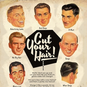 Pavimento &quot;Cut Your Hair&quot; Revista de productos para el cabello de la década de 1950 anuncio mashup impreso