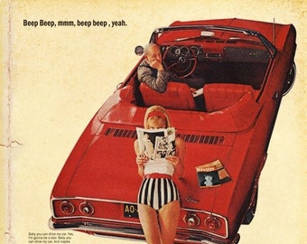 Beatles "Drive My Car" 1966 Chevrolet Corvair Magazine Ad Mashup Print