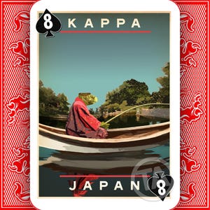 May include: Playing card depicting a Kappa fishing from a boat, with the text "KAPPA" and "JAPAN". The card is an eight of spades. The image has a serene lake scene with a green-skinned creature.