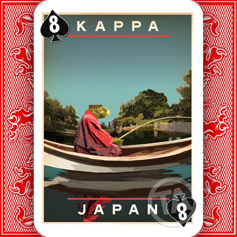 May include: Playing card depicting a Kappa fishing from a boat, with the text "KAPPA" and "JAPAN". The card is an eight of spades. The image has a serene lake scene with a green-skinned creature.