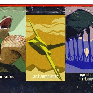 May include: A vintage illustration with three panels. The first panel shows a green snake with its mouth open. The second panel shows a yellow airplane flying in a yellow sky. The third panel shows a blue and purple hurricane with trees in the background. The text below the panels reads "and snakes", "and aeroplanes", and "eye of a hurricane".