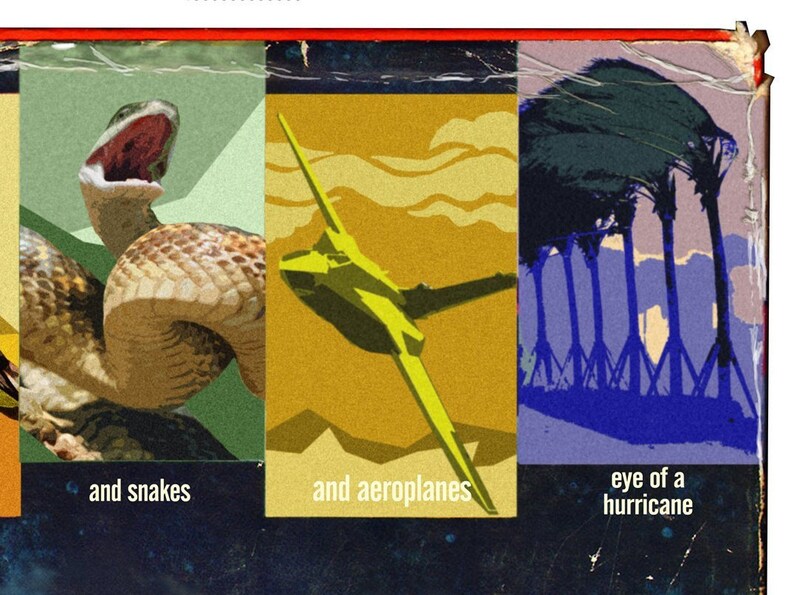 May include: A vintage illustration with three panels. The first panel shows a green snake with its mouth open. The second panel shows a yellow airplane flying in a yellow sky. The third panel shows a blue and purple hurricane with trees in the background. The text below the panels reads "and snakes", "and aeroplanes", and "eye of a hurricane".