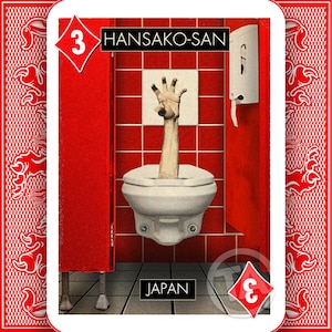 May include: Playing card depicting a bathroom scene with a hand emerging from a toilet. The card is red and white with the number 3 and the text "HANSAKO-SAN" and "JAPAN". The card has a diamond suit symbol.