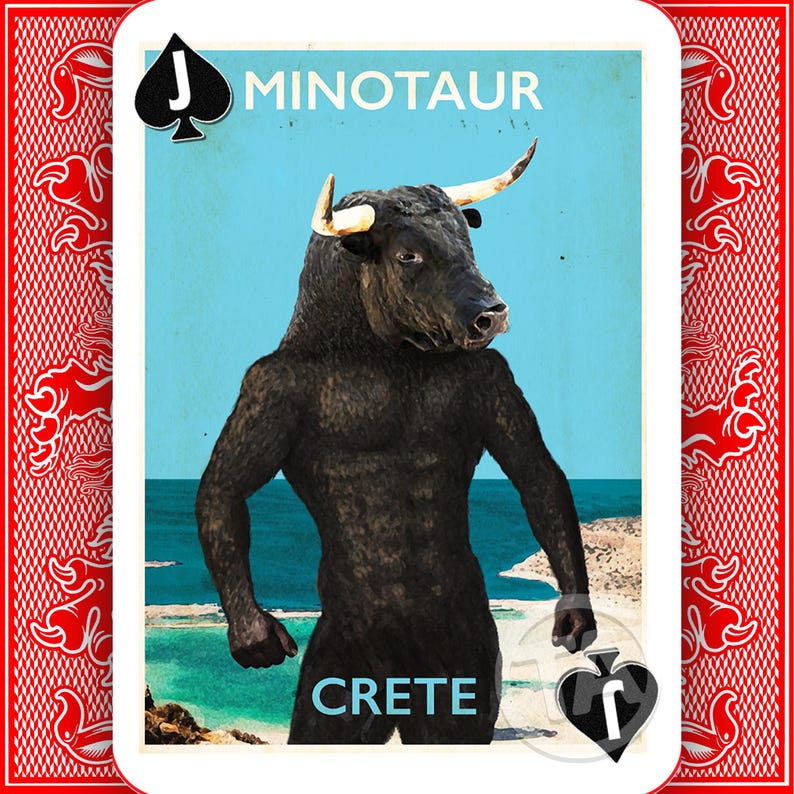 May include: Playing card with a Minotaur illustration. The card depicts a muscular figure with a bull's head against a blue sky and ocean backdrop. The word "MINOTAUR" is at the top, and "CRETE" is at the bottom.