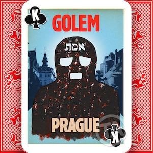 May include: Playing card depicting a Golem illustration set against a Prague backdrop. The card is a King of Clubs, with the word "GOLEM" in red and "PRAGUE" in beige. The Golem figure is dark brown with white eye and mouth openings.