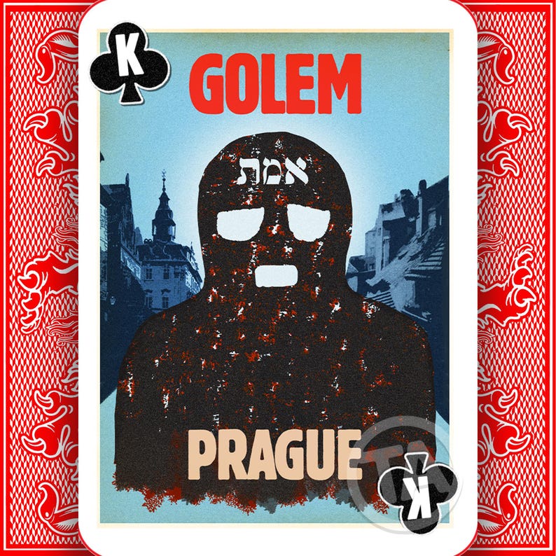 May include: Playing card depicting a Golem illustration set against a Prague backdrop. The card is a King of Clubs, with the word "GOLEM" in red and "PRAGUE" in beige. The Golem figure is dark brown with white eye and mouth openings.