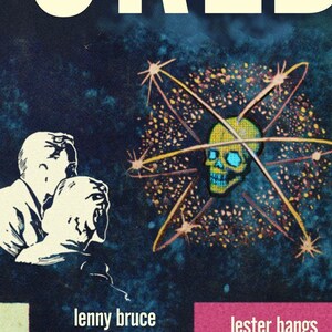 May include: A vintage book cover with a blue background and a skull with glowing blue eyes in the center. The skull is surrounded by a yellow and orange atomic symbol. The text "WORLD" is visible at the top of the cover. The names "Lenny Bruce", "Lester Bangs", and "Rezhev" are visible at the bottom of the cover.