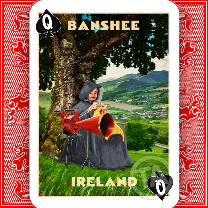 May include: Playing card illustration of a woman knitting under a tree, with a red megaphone. The card is labelled "Banshee" and "Ireland", with a spade suit symbol and the number zero. The background shows a green landscape.