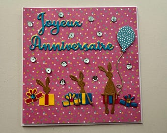Greeting card, Birthday card, Card for girl, Happy birthday, Card for children, Card without text, Card with rabbits