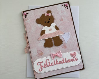 Birth Card for Girl, Baptism Card, Teddy Bear Card, Baby Card, Birth Congratulations Card, Baby Shower, Baby Girl, Greeting Card