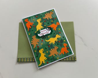 Geburtstagskarte, Dinosaurier-Karte, Karte für Junge oder Mädchen, Geburtstagsgrüße, Karte ohne Text, Kindergeburtstag, Grußkarte