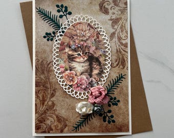 Greeting card, Cat card, Shabby Chic card, Vintage card, Romantic card, Friendship card, Get well card, Birthday card