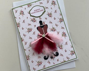Carte Anniversaire, Carte pour femme ou fille, Carte avec plumes, Carte Princesse, Carte Couture, Carte Robe, Carte de vœux