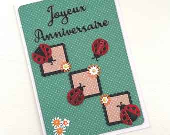 Carte de vœux, Carte Anniversaire, Carte Coccinelles, Carte pour fille, Carte pour femme, Fleurs, Carte sans texte, Joyeux Anniversaire