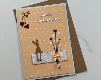 Carte Anniversaire, Joyeux Anniversaire, Carte avec lapin, Carte cœurs, Fête d'Anniversaire, Carte de vœux, Carte faite main