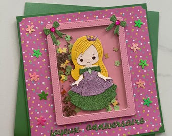 Tarjeta de cumpleaños, tarjeta de felicitación, tarjeta de saludo, cumpleaños de niña, tarjeta para niña, tarjeta de princesa, flores