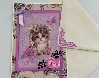 Greeting Card, Cat Card, Shabby Chic, Vintage, Friendship Card, Romantic, Birthday, Retirement, Get Well, All Occasions