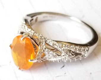 FIRE OPAL and White Zircon Ring in Platinum over Sterling Silver - Size 7