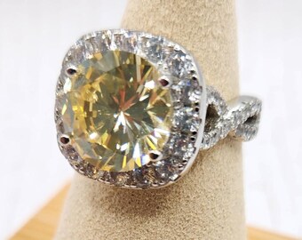 LIGHT YELLOW CZ Halo Ring in Platinum over Sterling Silver - Size 7