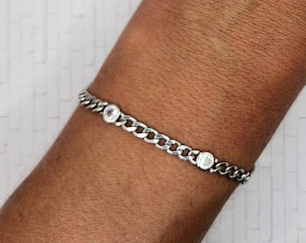 Bezel-Set CZ Station Curb Link Bracelet - 7"