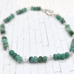 GENUINE EMERALD Faceted Bead Bracelet in Sterling Silver- 7&quot;