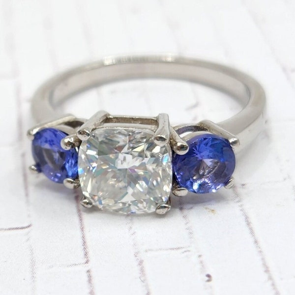 Moissanite and AA Tanzanite Ring in Platinum over Sterling Silver  - Size 8