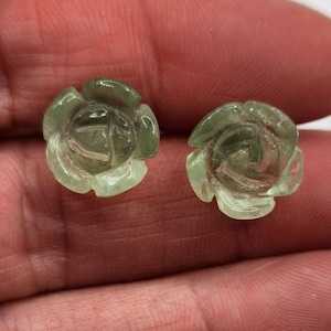 CARVED ROSE PRASIOLITE Stud Earrings in Platinum over Sterling Silver