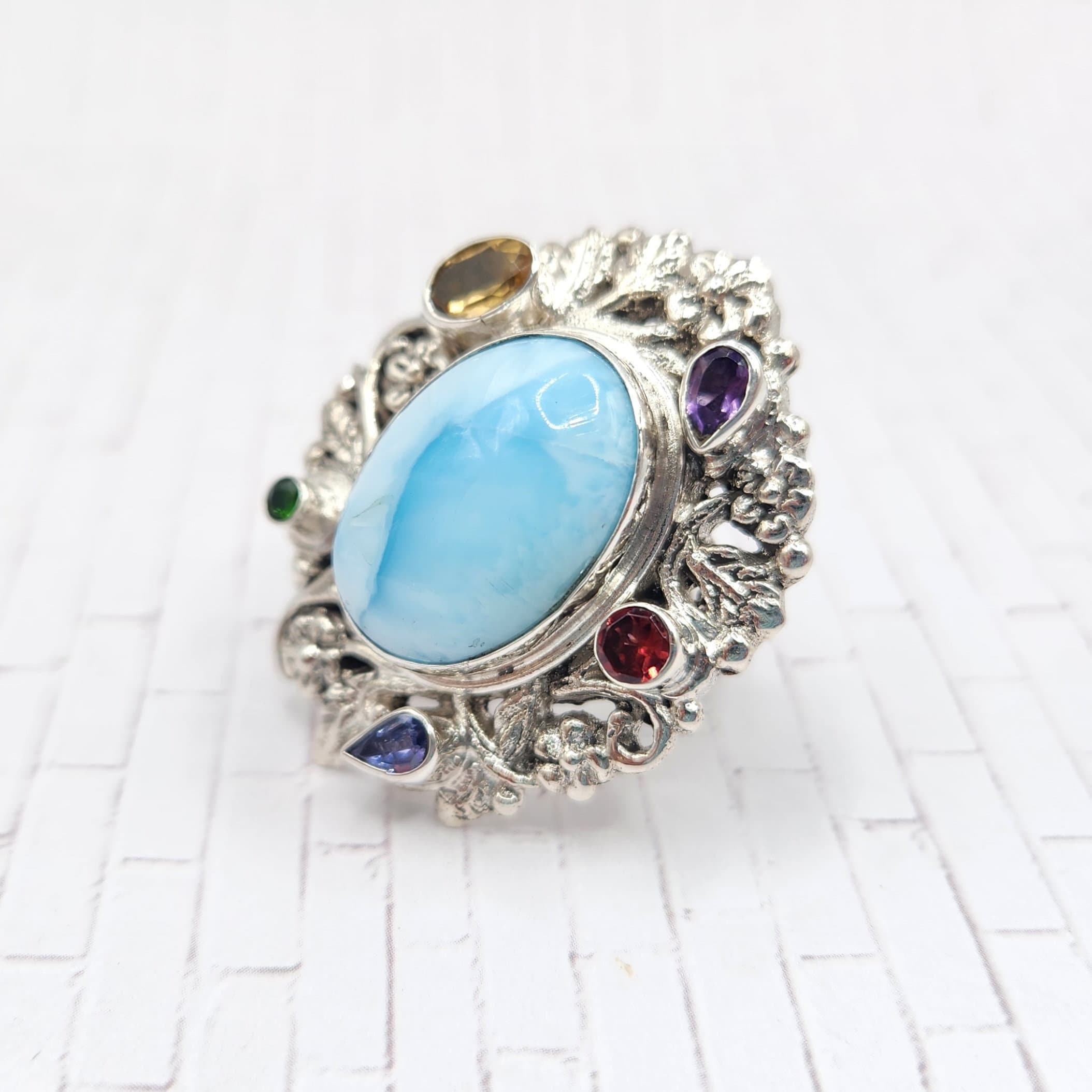 Multi-gemstone Larimar Ring in Platinum Over Sterling Silver