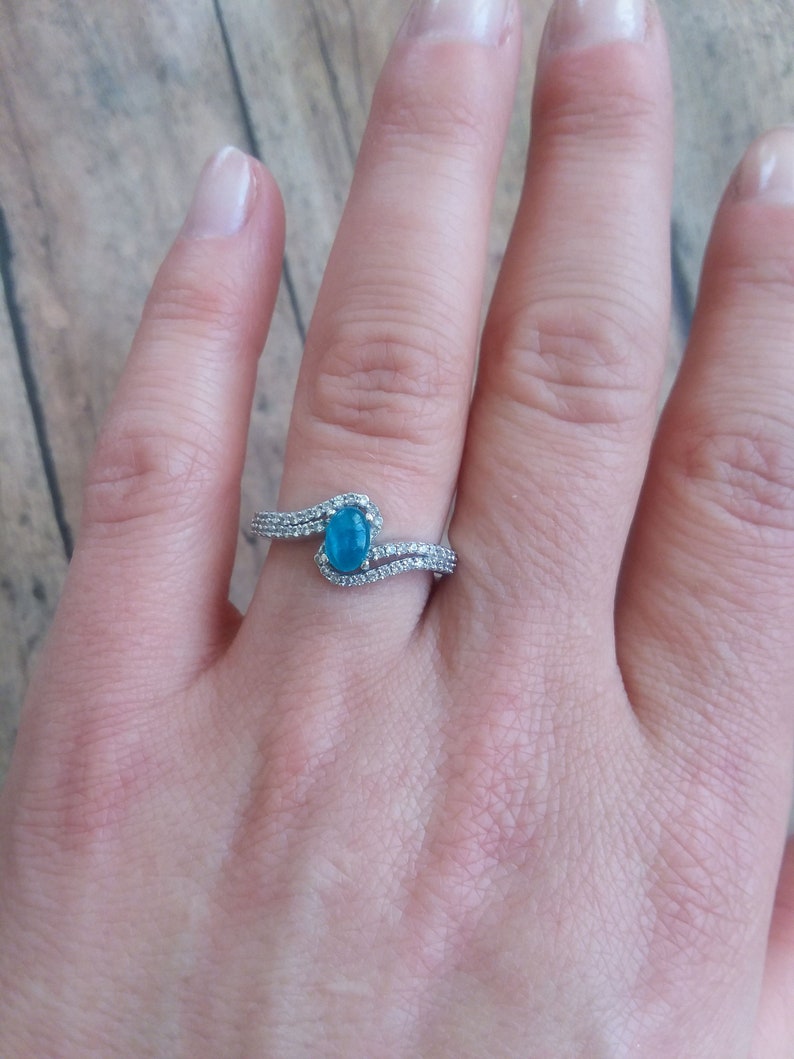 NEON APATITE and White Zircon Ring in Sterling Silver Size 7